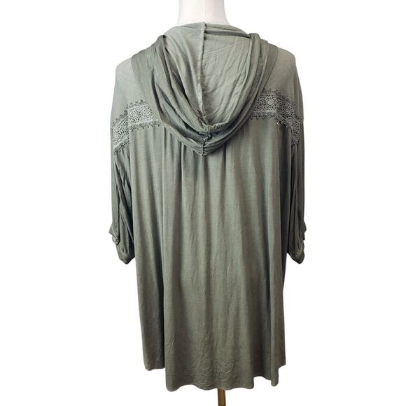NEW POL Small Green Henley Style Hooded Top Crochet Trim Drop Shoulder Lace Trim - Picture 10 of 16